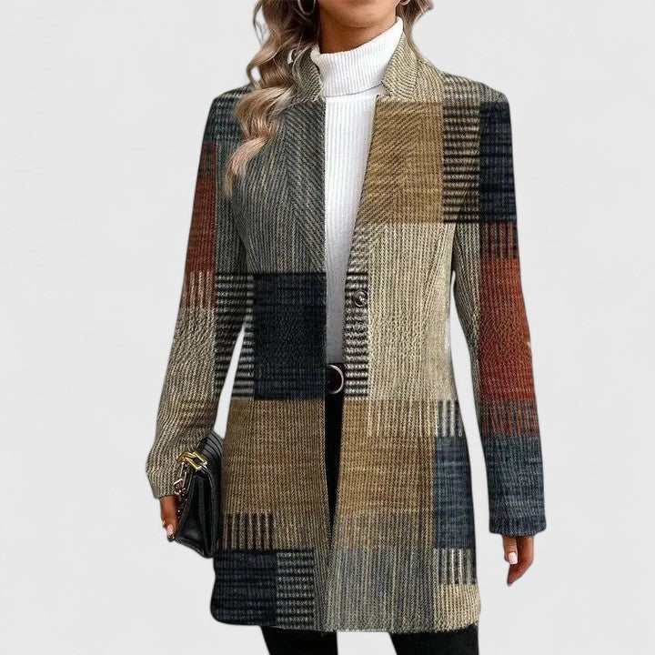 Women's Plaid Wool Blazer Coat - Multi-Colored