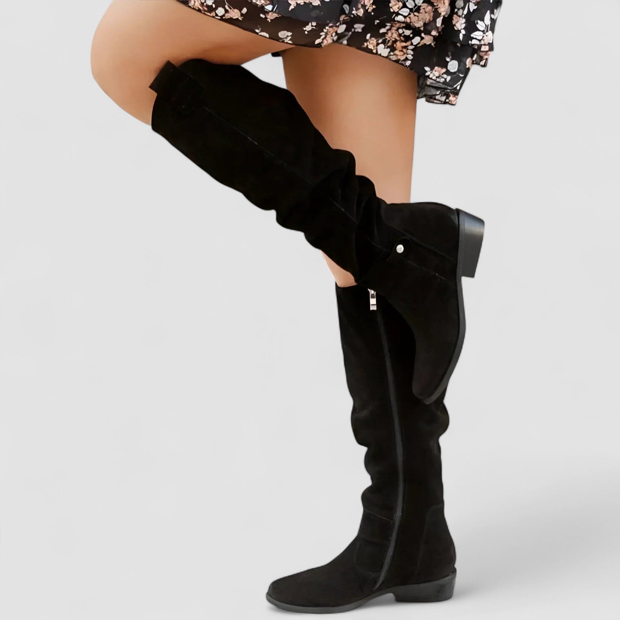 Women's Suede Knee-High Slouch Boots - Black