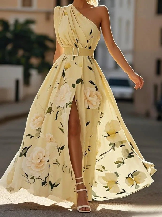 Floral One Shoulder Maxi Dress - Yellow