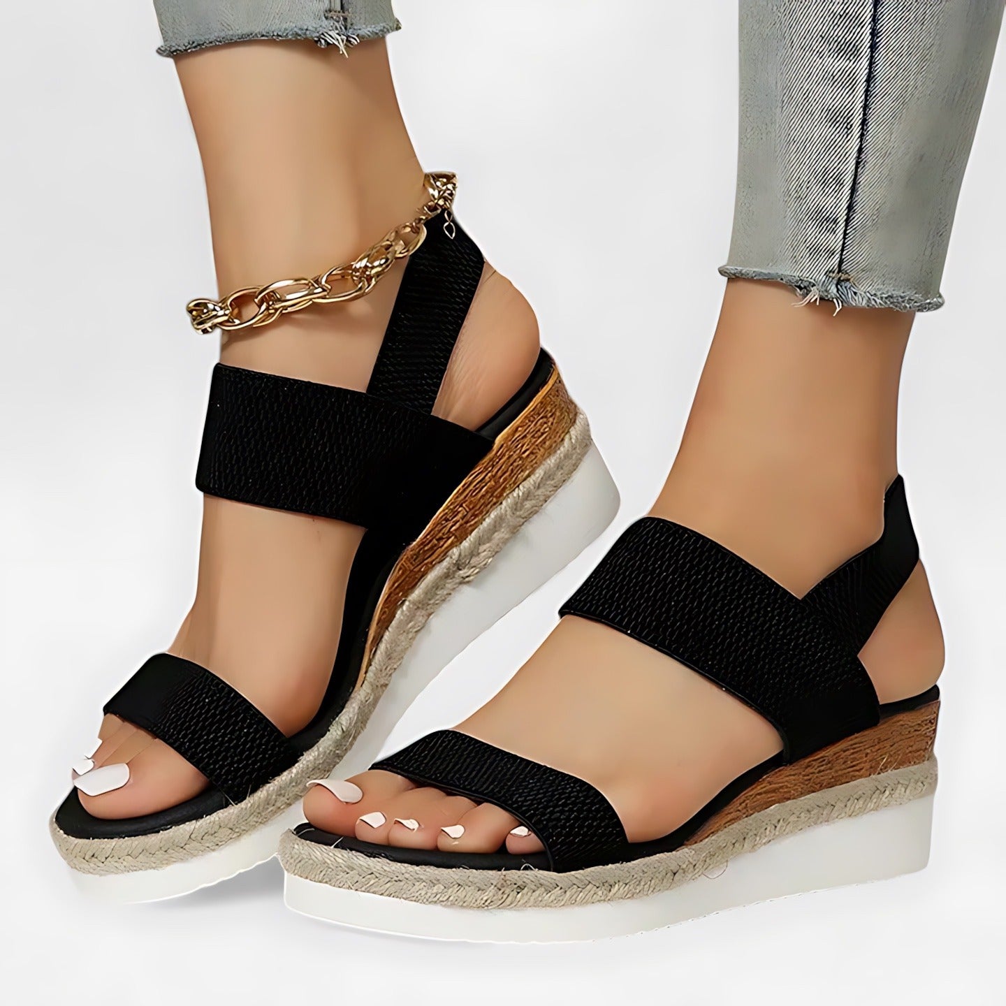 Espadrille Wedge Platform Sandals - Black