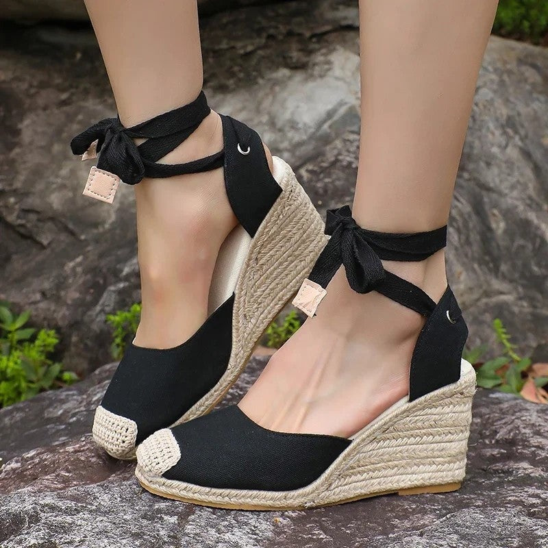 Espadrille Wedge Sandals - Black