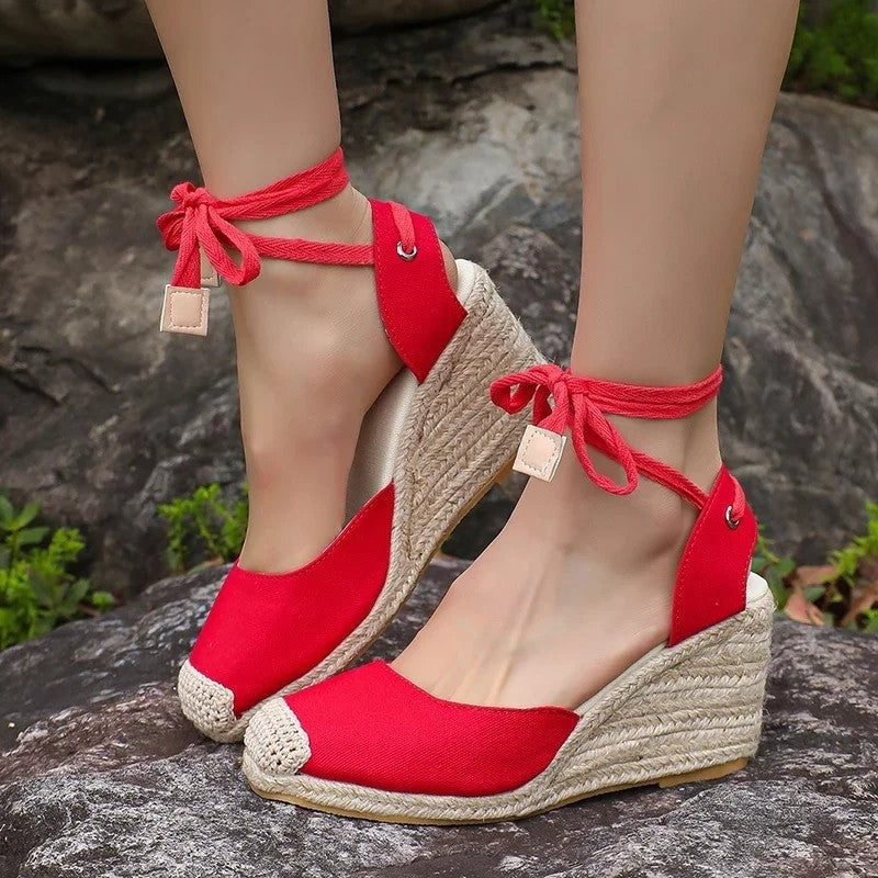 Espadrille Wedge Sandals - Red