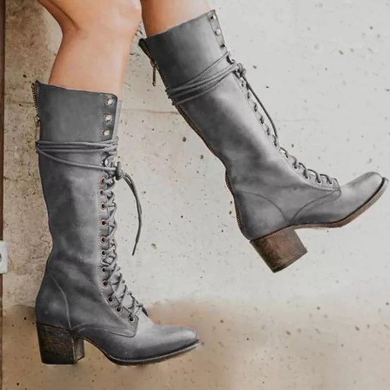 Women's Leather Knee-High Boots - Grey