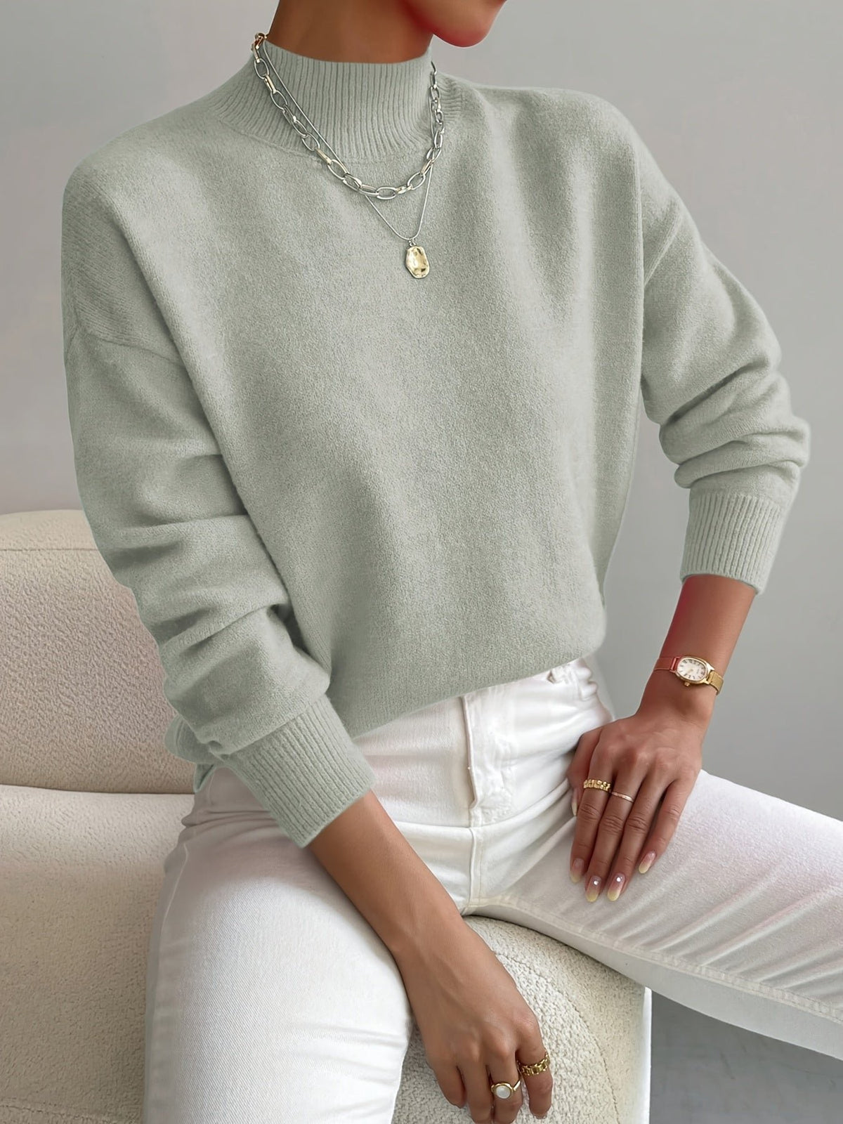 Women's Oversized Mock Neck Sweater - Light Green