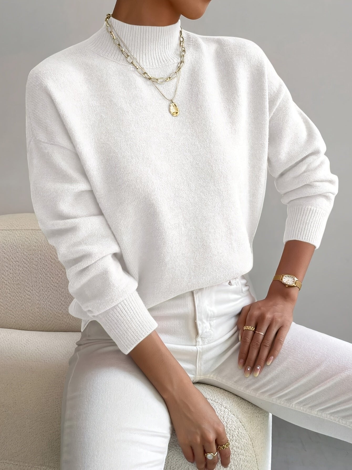 Women's Oversized Mock Neck Sweater - White