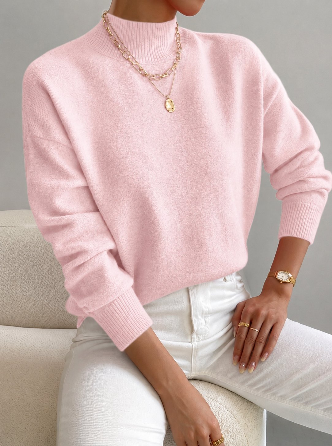 Women's Oversized Mock Neck Sweater - Light Pink