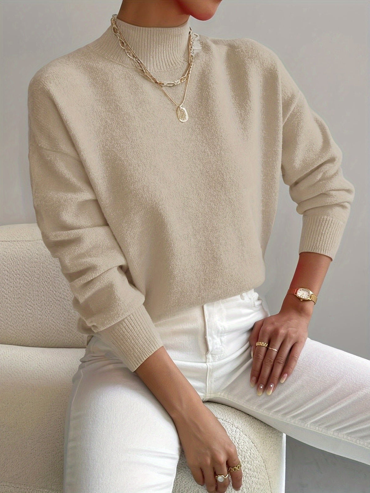Women's Oversized Mock Neck Sweater - Beige