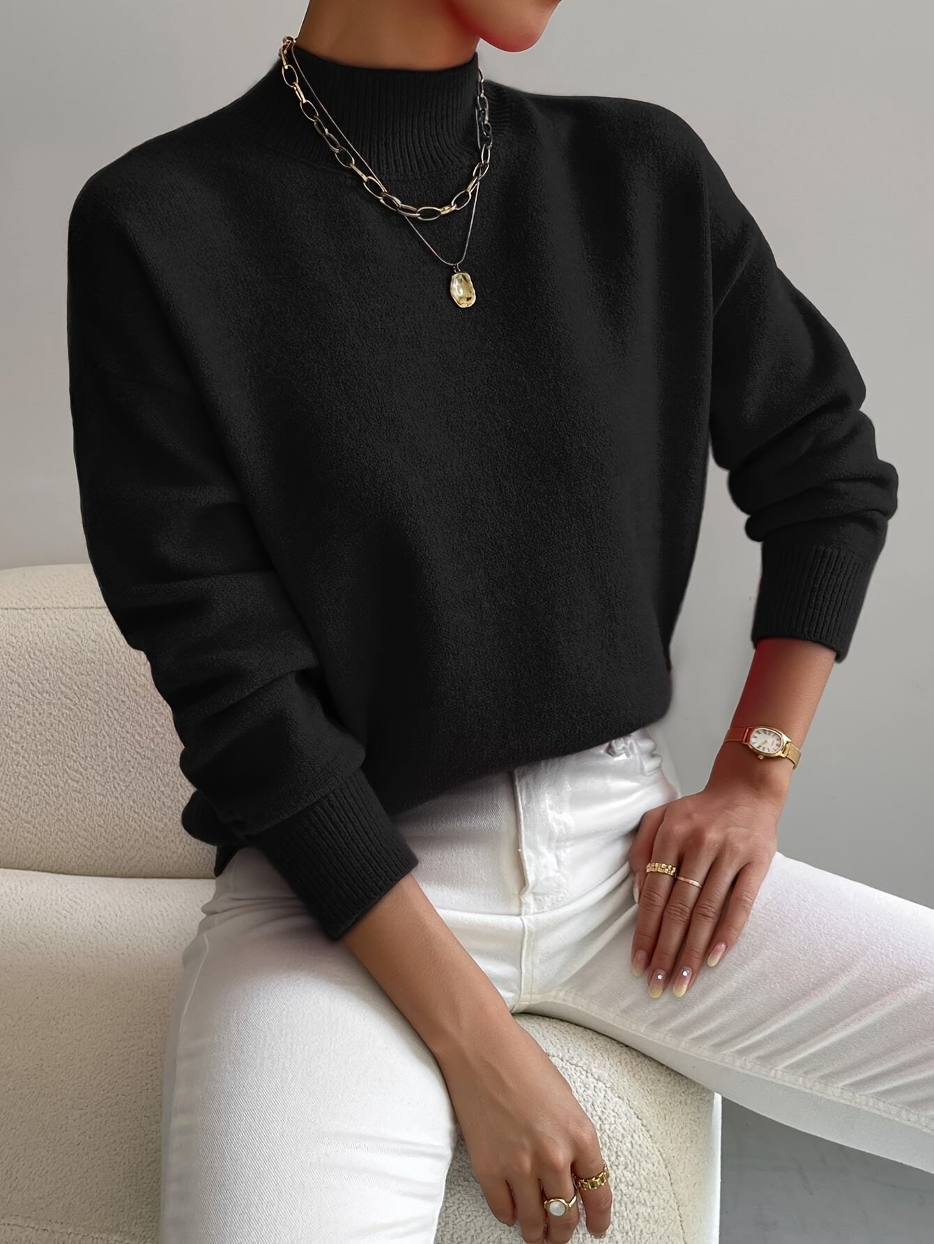Women's Oversized Mock Neck Sweater - Black