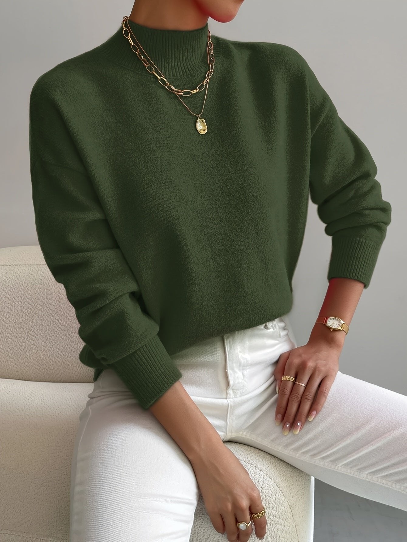Women's Oversized Mock Neck Sweater - Green