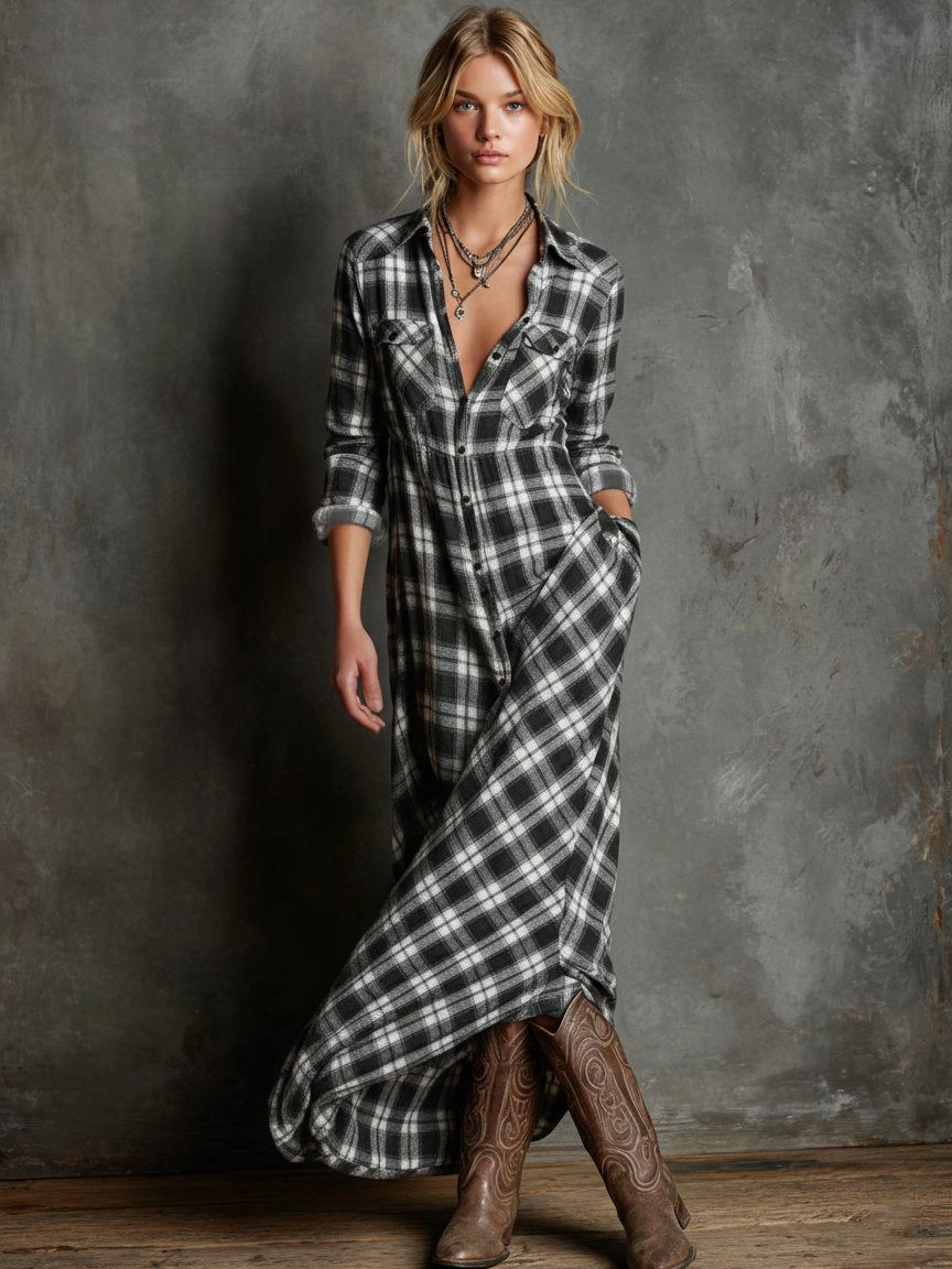 Women's Plaid Maxi Shirtdress Shirt - Black