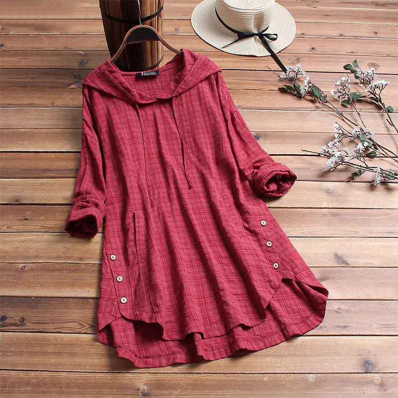 Plaid Hoodie Dress - Wine Red