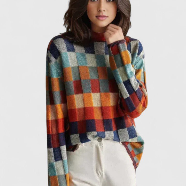 Women's Plaid Wool Turtleneck Sweater - MultiColored