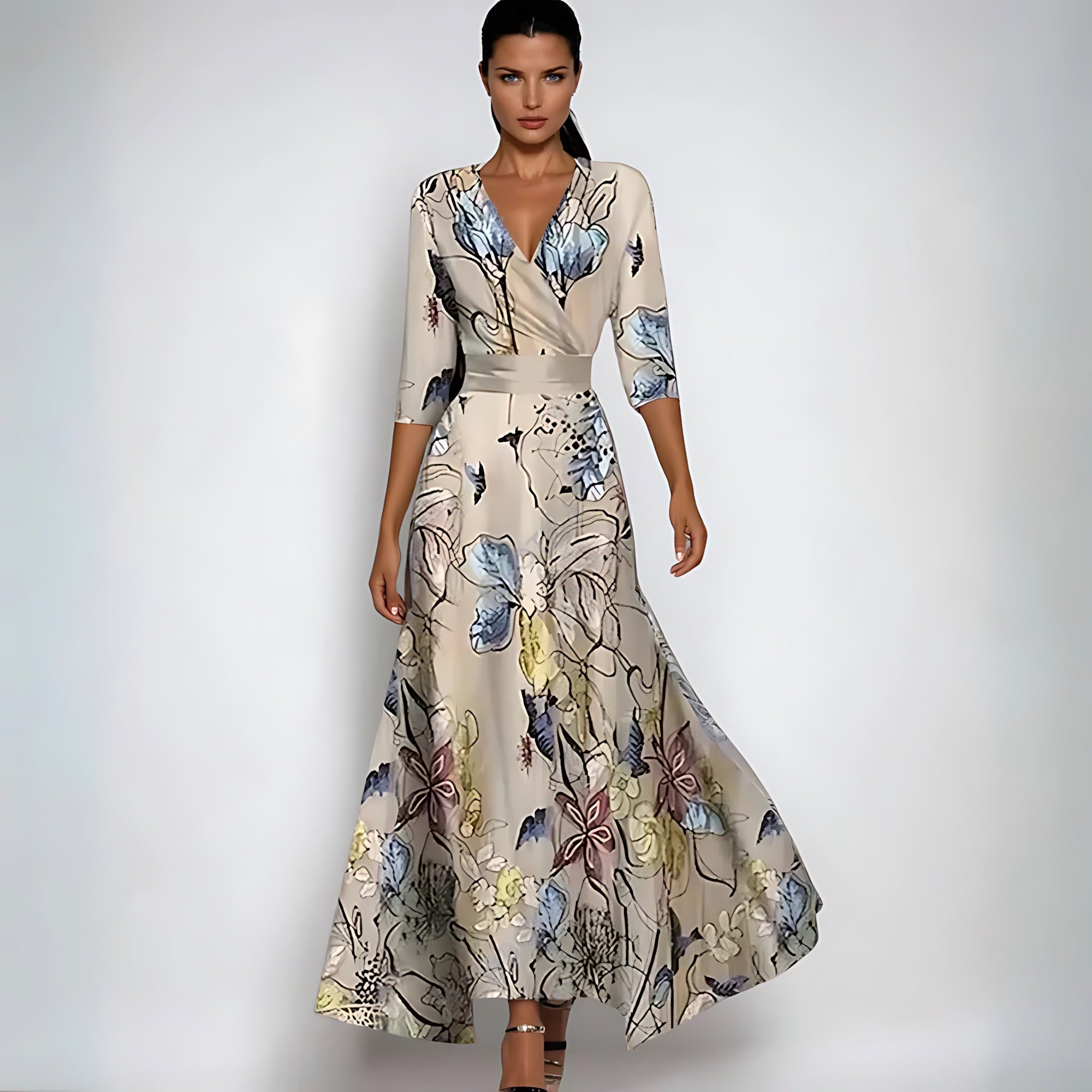 Floral Wedding Guest Maxi Dress - Sand