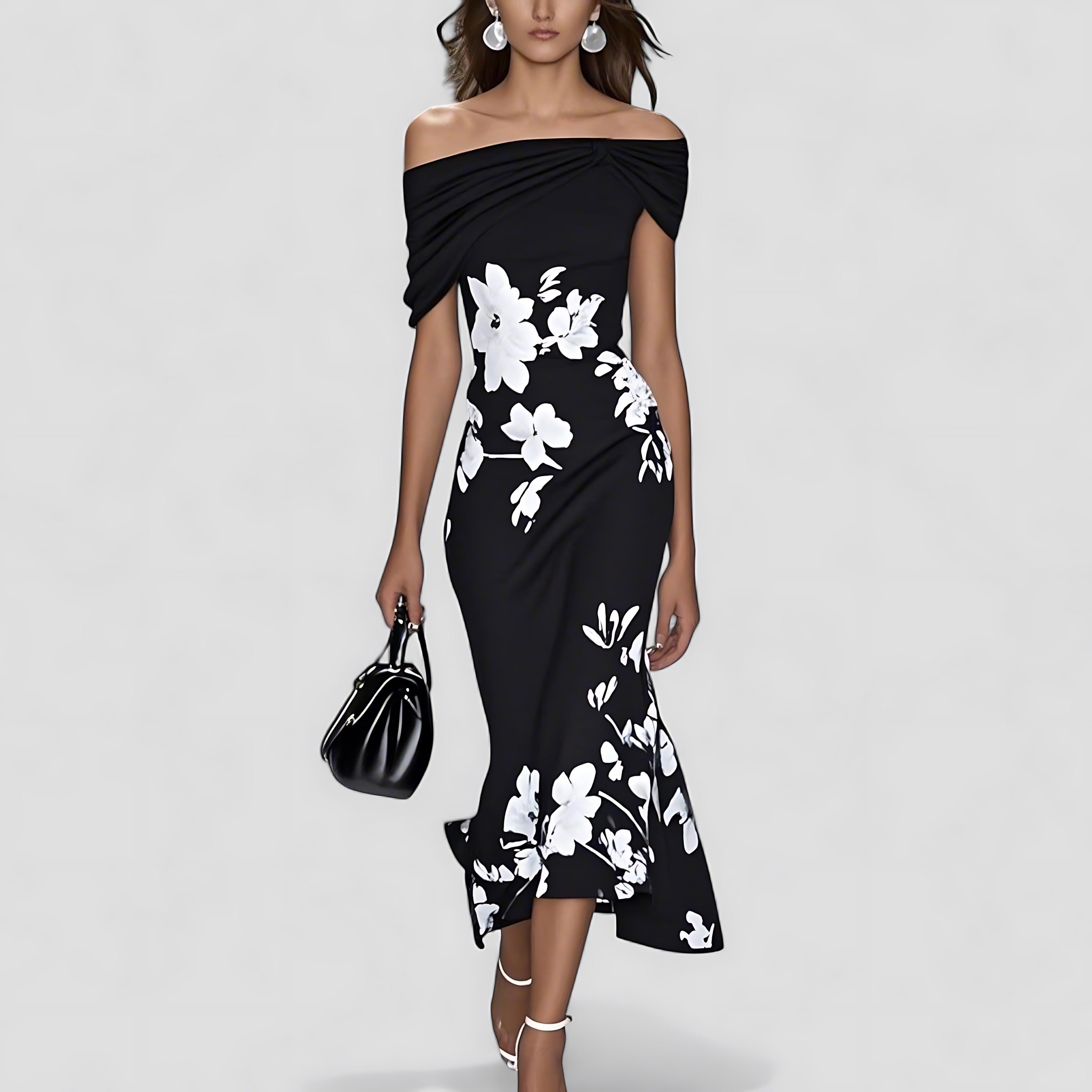Floral Wedding Guest Midi Dress - Black