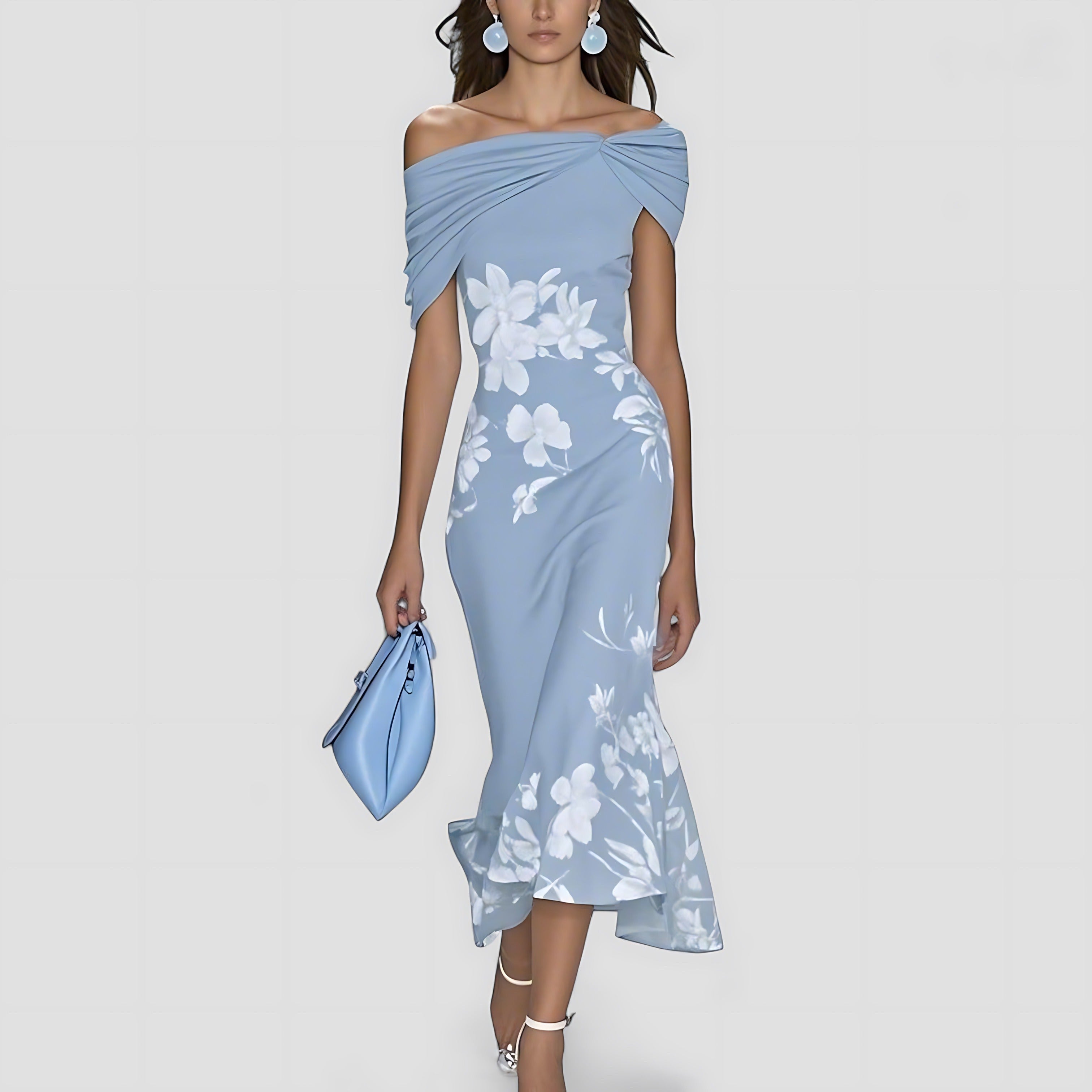 Floral Wedding Guest Midi Dress - Blue