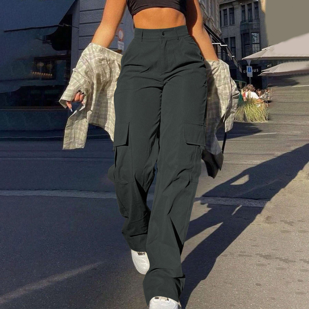 Women's High-Waisted Cargo Pants - Darkgray