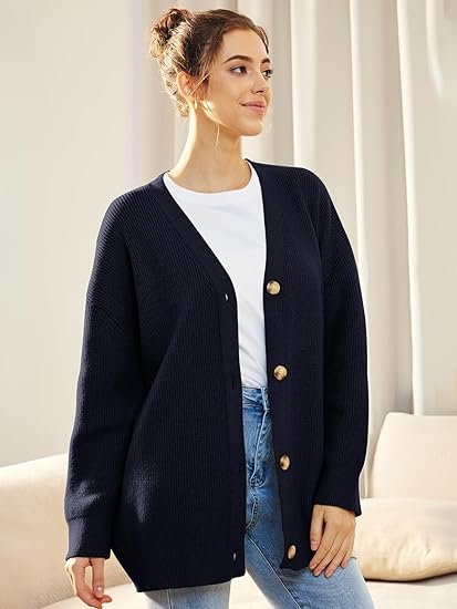 Women's Oversized Ribbed Knit Cardigan - Navy Blue