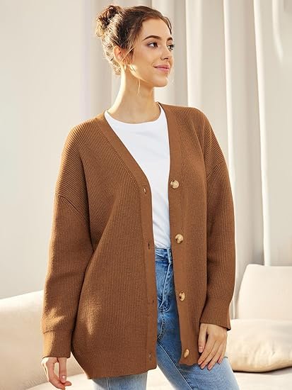 Women's Oversized Ribbed Knit Cardigan - Brown