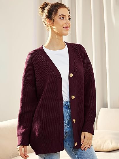 Women's Oversized Ribbed Knit Cardigan - Burgundy