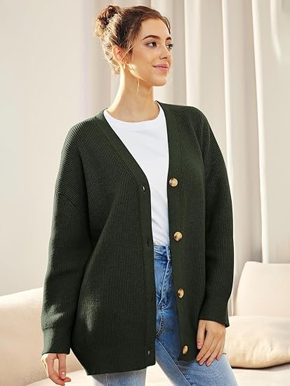 Women's Oversized Ribbed Knit Cardigan - Dark Green