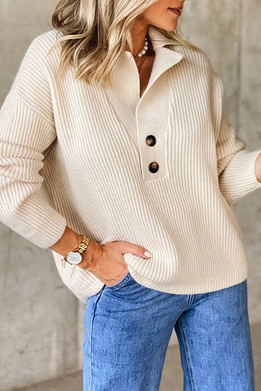 Women's Ribbed Knit Button-Placket Sweater - Apricot