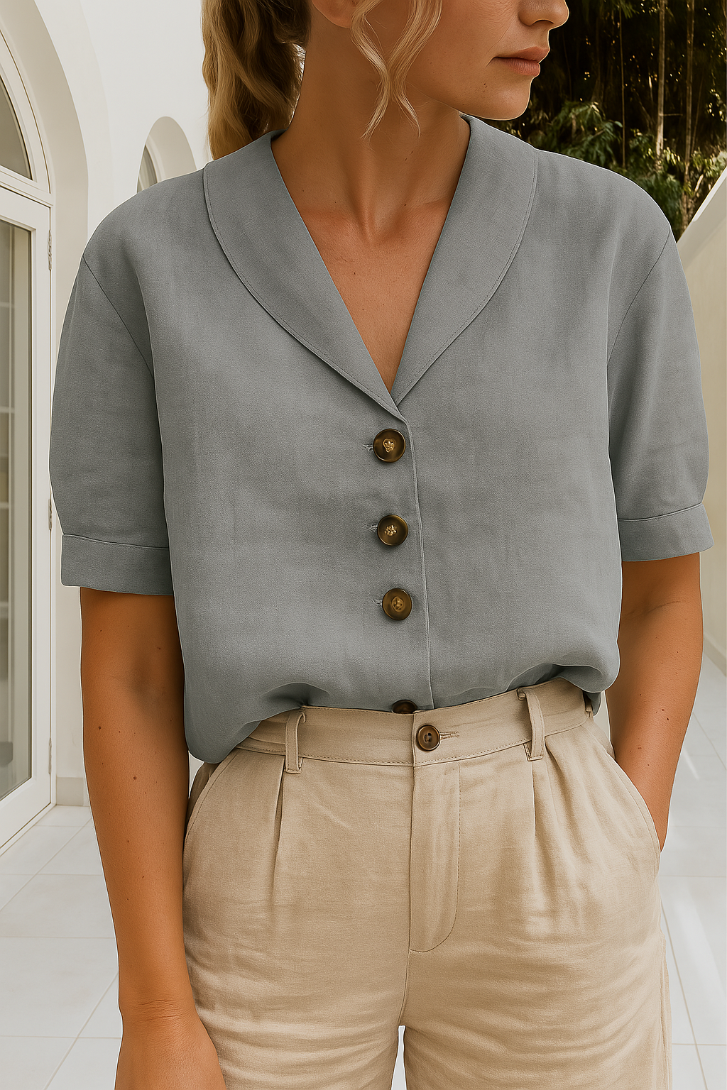 Hannah Women's Linen Short Sleeve Blouse 4