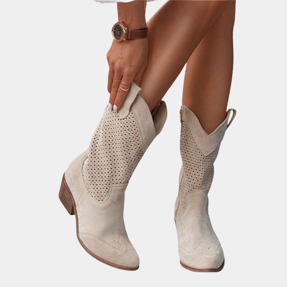 Women's Faux Leather Cowboy Ankle Boots - Beige