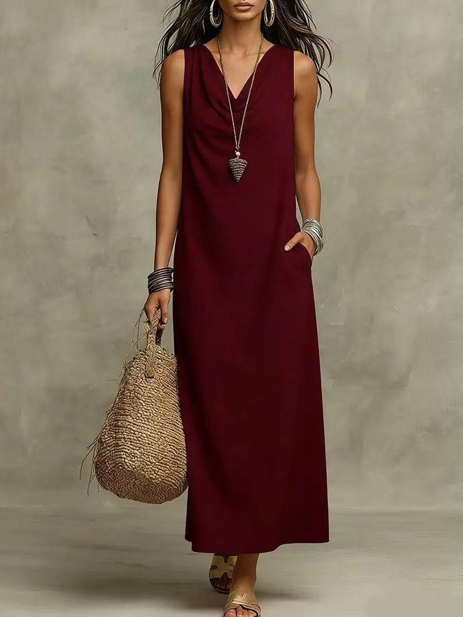 Sleeveless Cowl Neck Maxi Dress - Burgundy