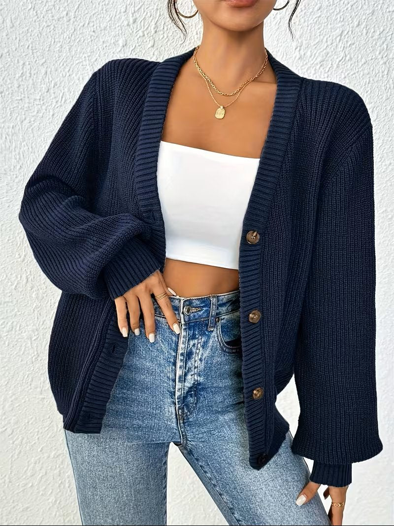 Women's Cropped Ribbed Cardigan - Navy