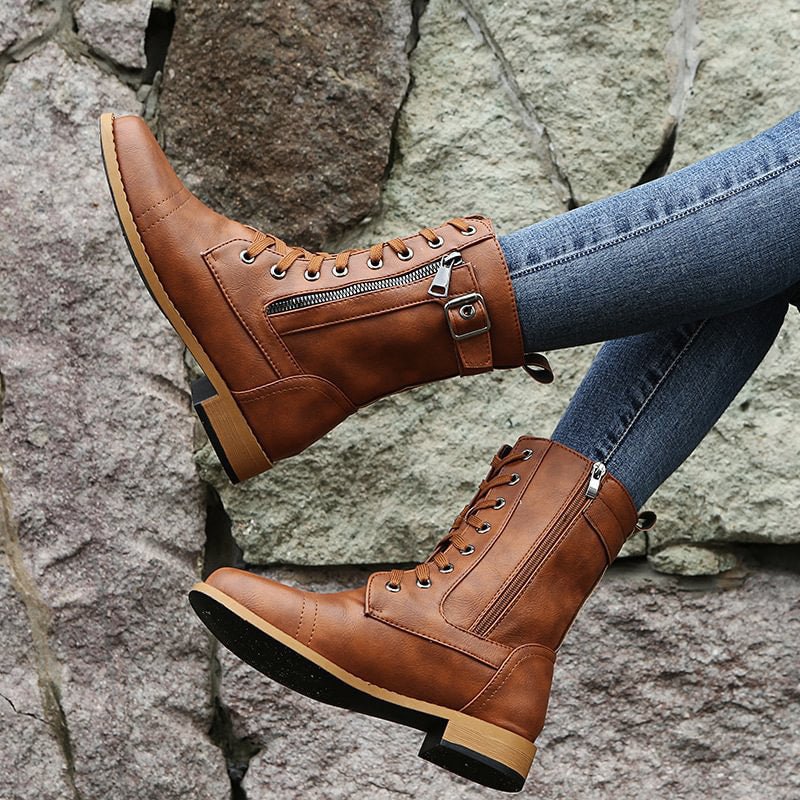 Women's Faux Leather Combat Ankle Boots