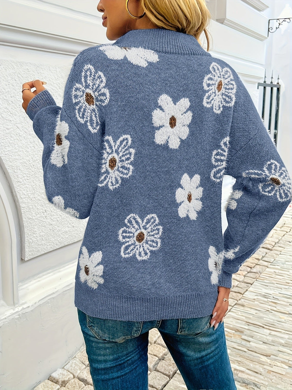 Women's Floral Quarter-Zip Sweater