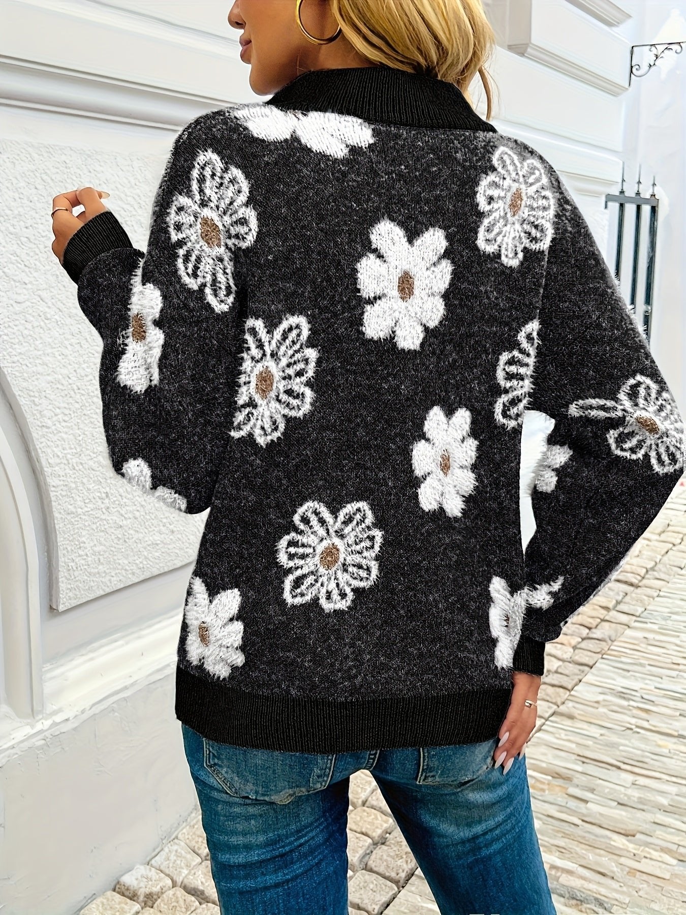 Women's Floral Quarter-Zip Sweater