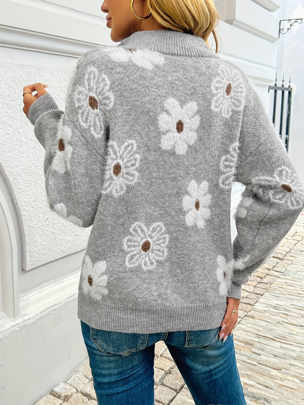 Women's Floral Quarter-Zip Sweater