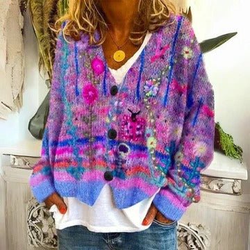 Women's Floral V-Neck Wool Cardigan - Blue Flowers