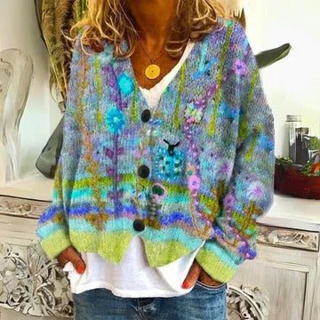 Women's Floral V-Neck Wool Cardigan - Red Flowers