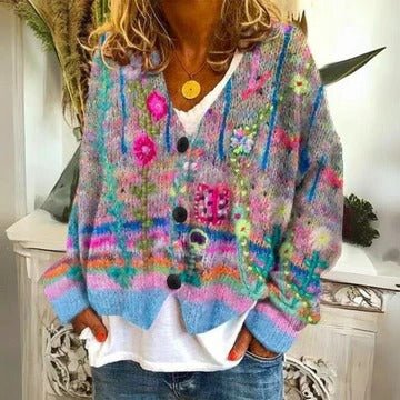 Women's Floral V-Neck Wool Cardigan - Purple Flowers