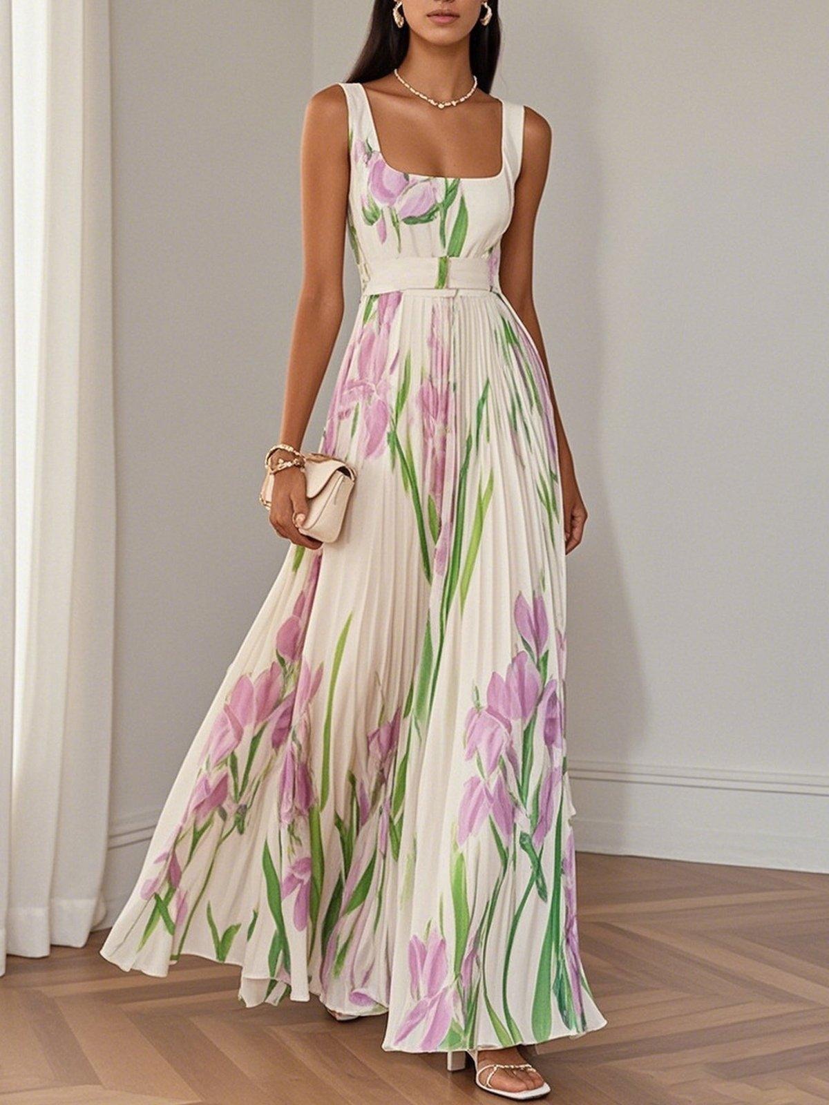 Floral Pleated Maxi Dress - White
