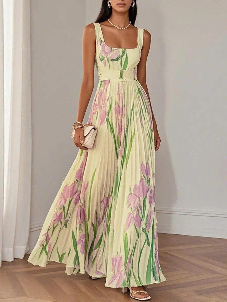 Floral Pleated Maxi Dress - Yellow
