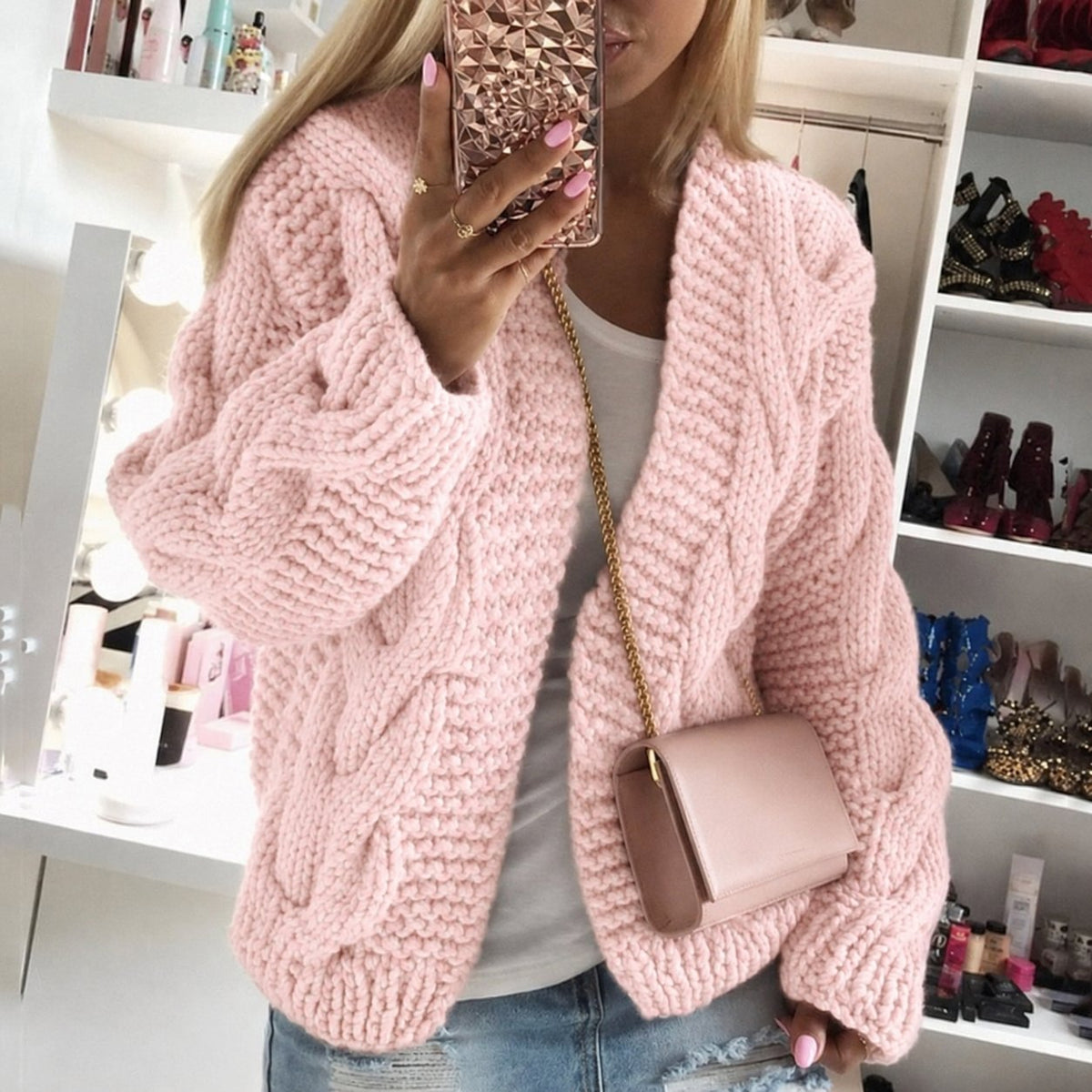 Women's Oversized Cable Knit Cardigan - Pink