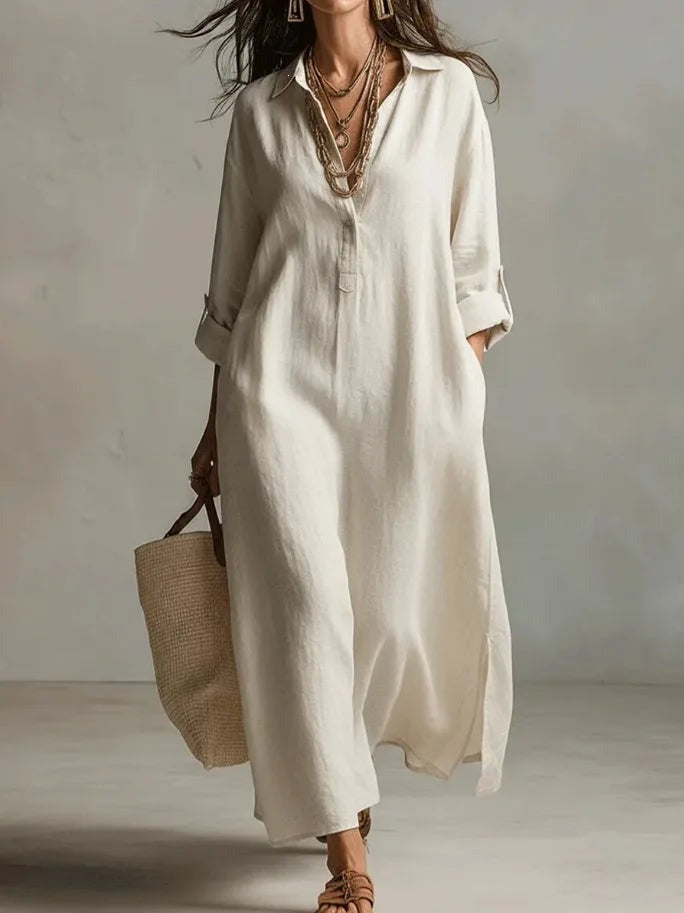 Long Sleeve Maxi Shirt Dress - White