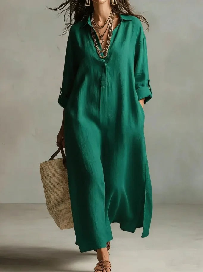 Long Sleeve Maxi Shirt Dress - Green