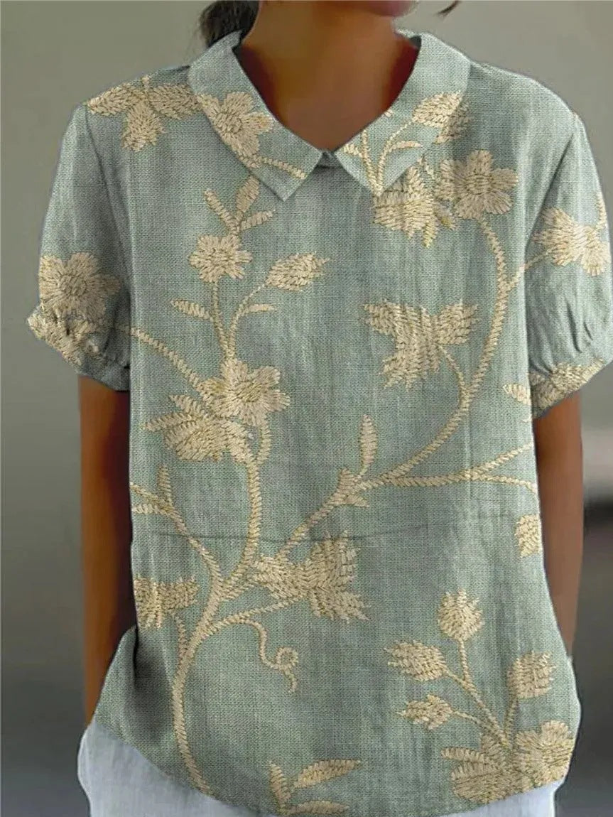 Isla Women's Linen Embroidered Short Sleeve Shirt 1