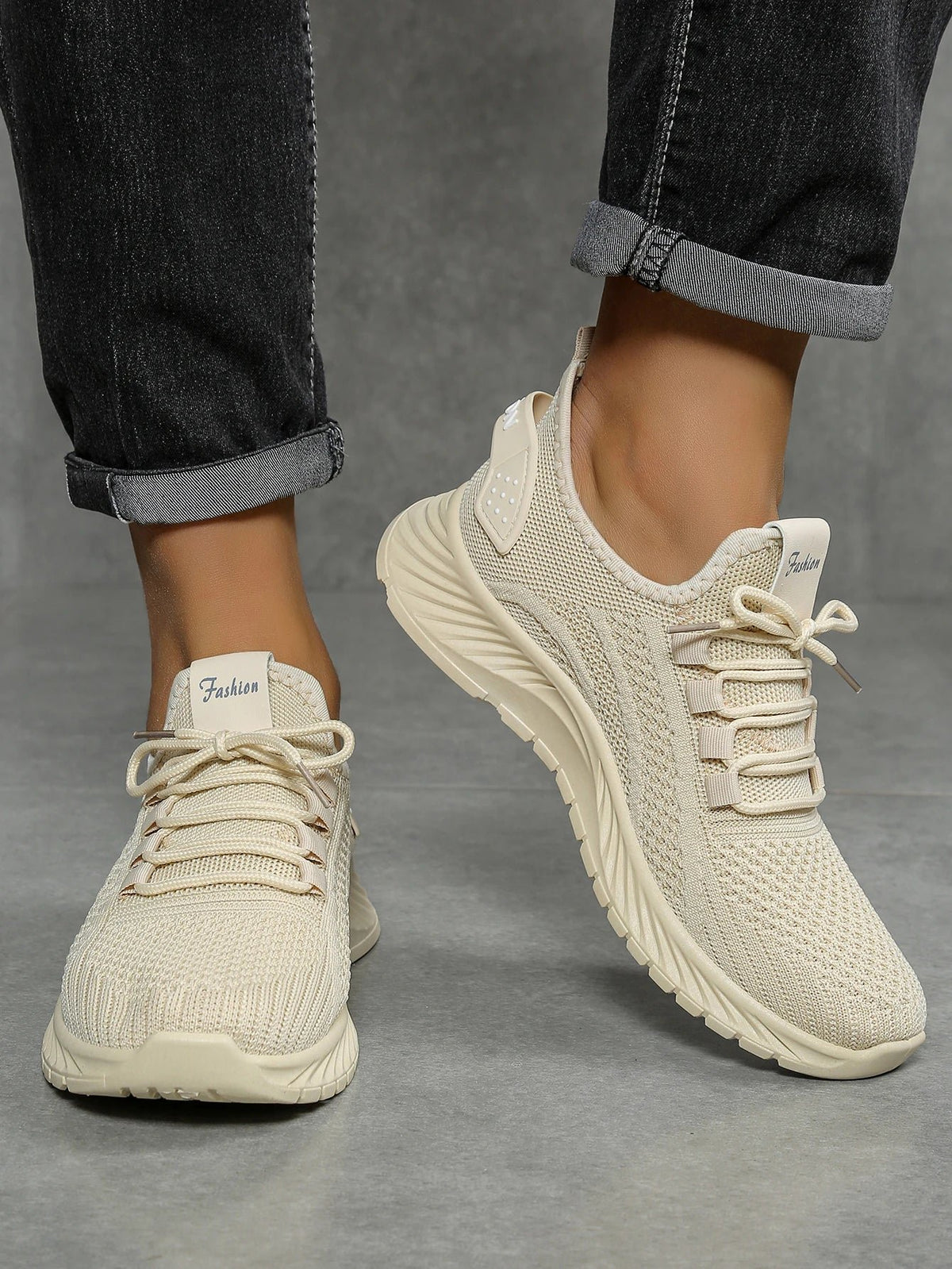 Women's Knit Mesh Lace-Up Sneaker - Beige