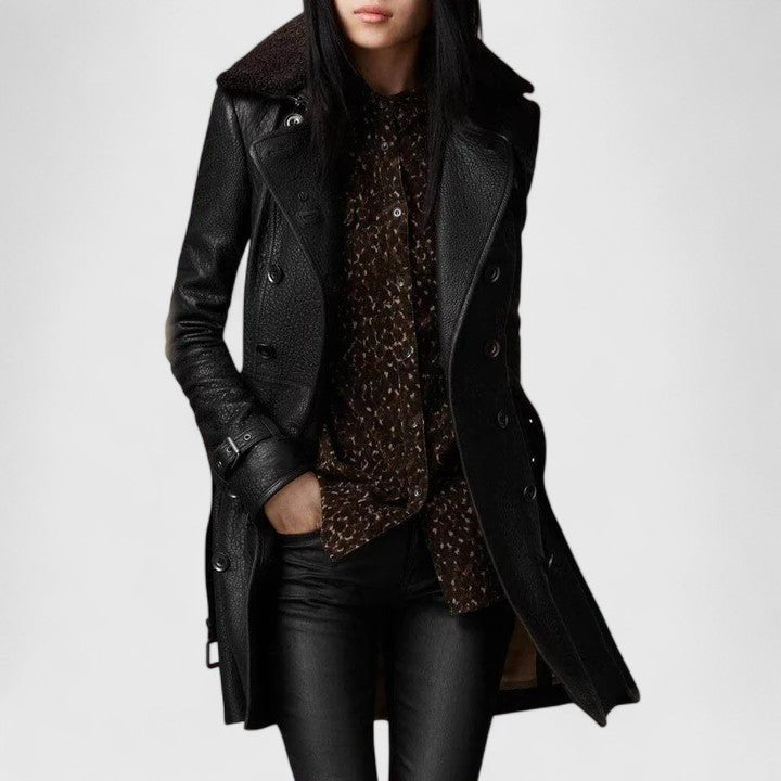 Women's Leather Trench Coat - Black
