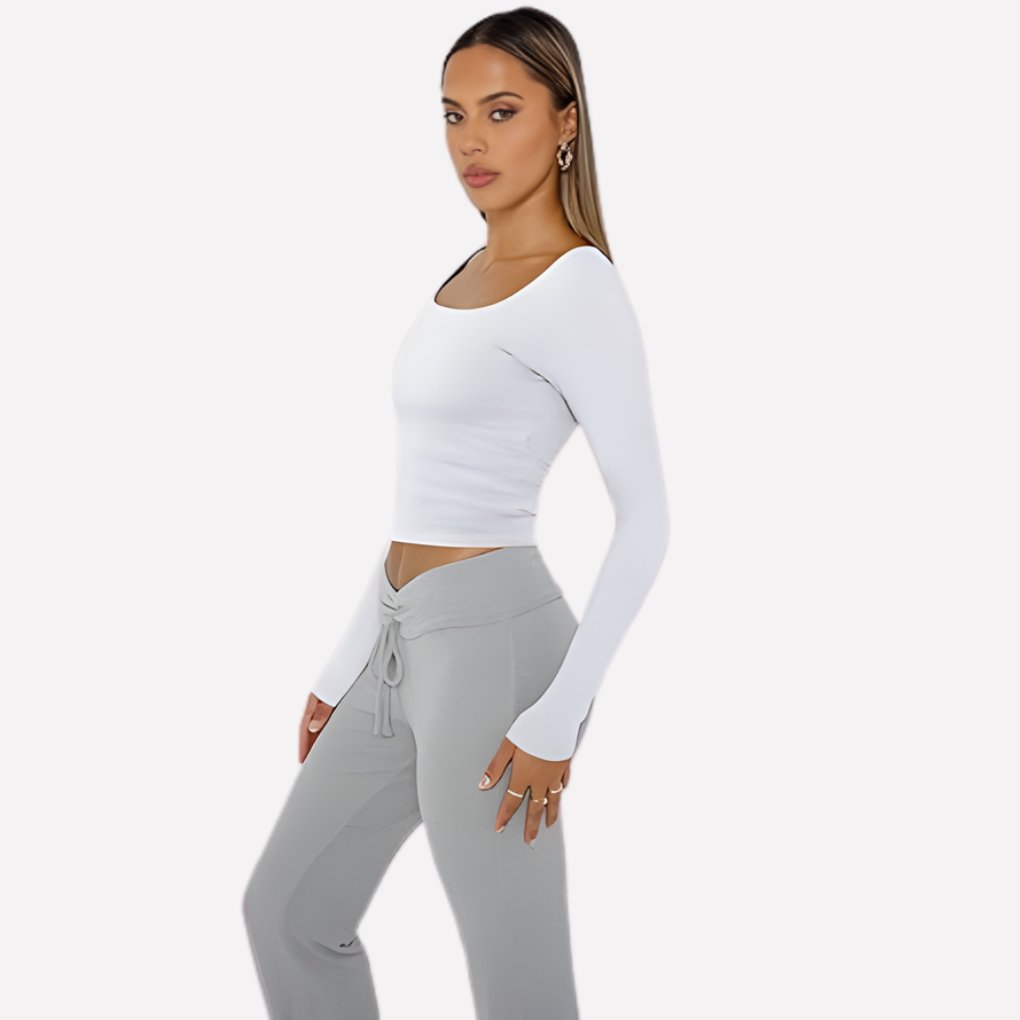 Women's Long Sleeve Ribbed Square-Neck Cropped Top