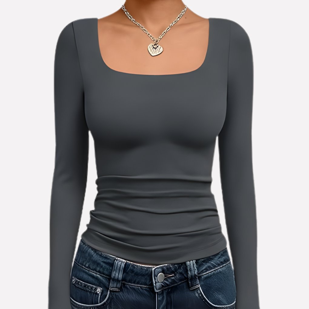 Women's Long Sleeve Ribbed Square-Neck Cropped Top - Gray