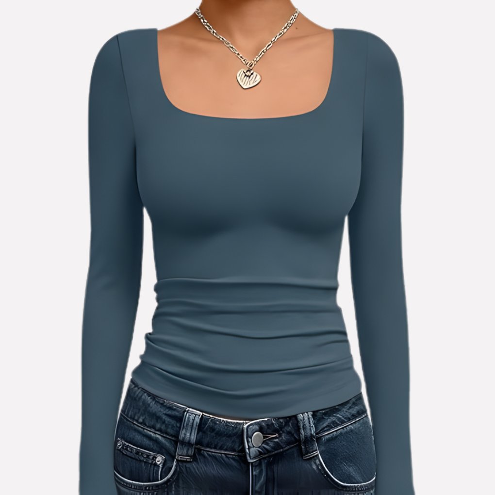 Women's Long Sleeve Ribbed Square-Neck Cropped Top - Haze Blue
