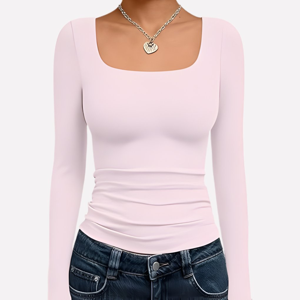 Women's Long Sleeve Ribbed Square-Neck Cropped Top - Light Pink