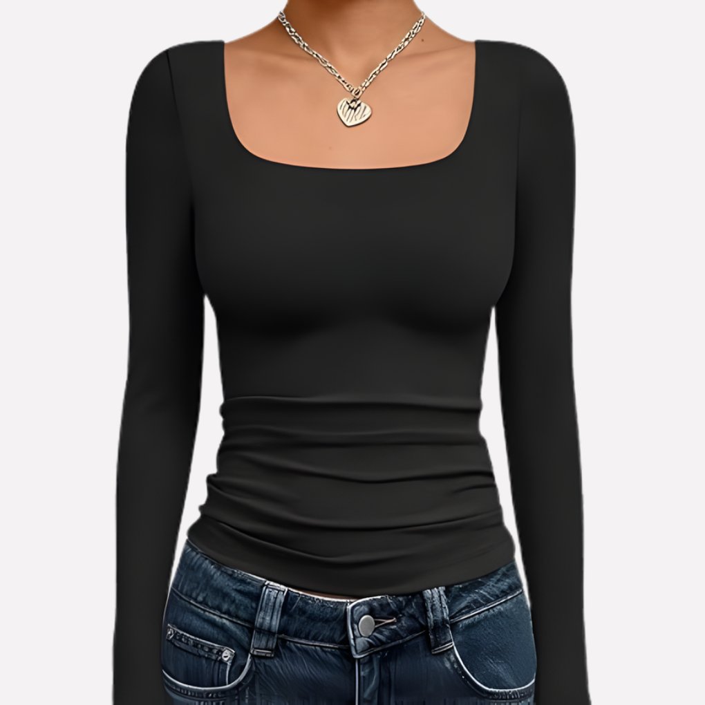 Women's Long Sleeve Ribbed Square-Neck Cropped Top - Black