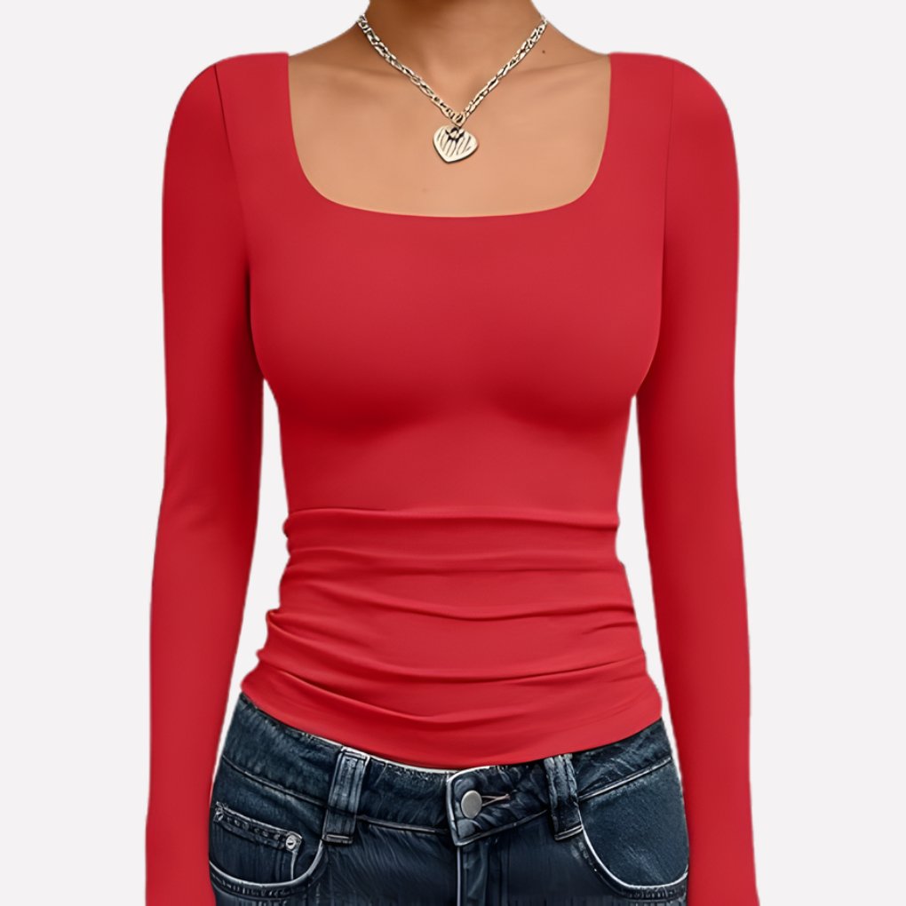 Women's Long Sleeve Ribbed Square-Neck Cropped Top